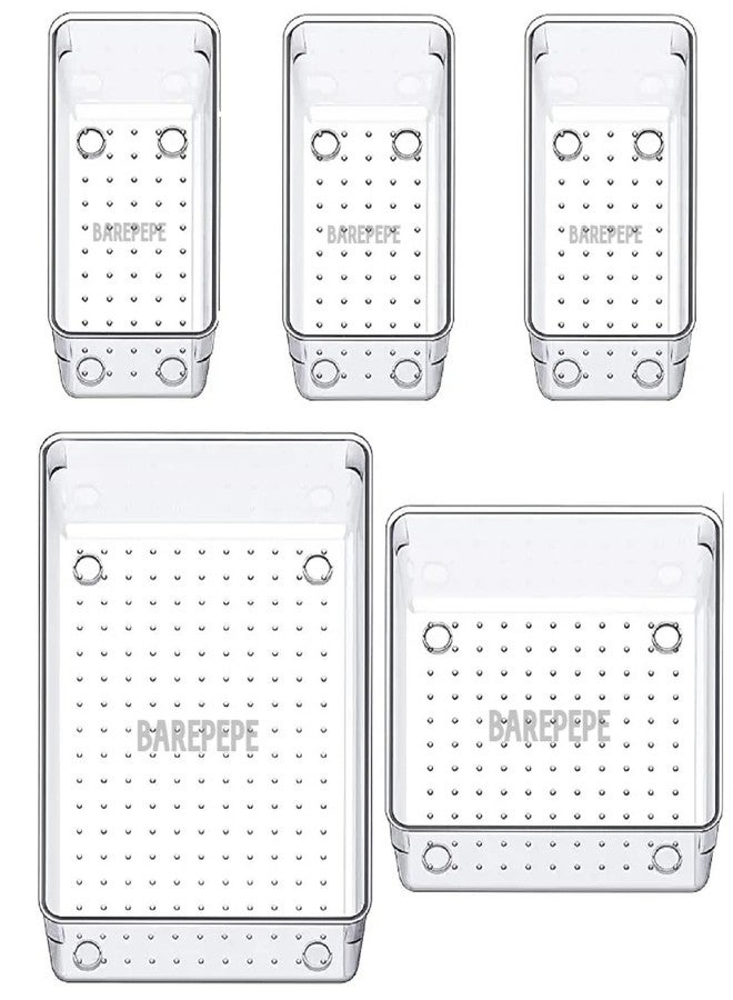 BAREPEPE 5 Piece Unbreakable Clear Plastic Drawer Organizers Set, 3-Size Versatile Bathroom and Vanity Drawer Organizer Trays, Storage Bins for Makeup, Jewelries, Kitchen Utensils and Office(Transparent) - Image 1